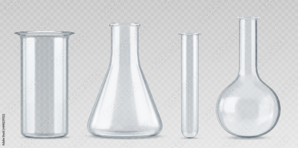3d chemistry laboratory glass science test flask. Realistic lab beaker equipment. Chemical glassware tube isolated vector set. Empty cylinder measuring container for scientific medical experiment 3d chemistry laboratory glass science test flask. Realistic lab beaker equipment. Chemical glassware tube isolated vector set. Empty cylinder measuring container for scientific medical experiment