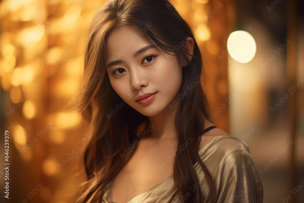 Slim Sexy woman in orange monotone sensual post long red brown with light Bokeh rim light background, Happy woman on the sunset. Generative AI. Slim Sexy woman in orange monotone sensual post long red brown with light Bokeh rim light background, Happy woman on the sunset. Generative AI.