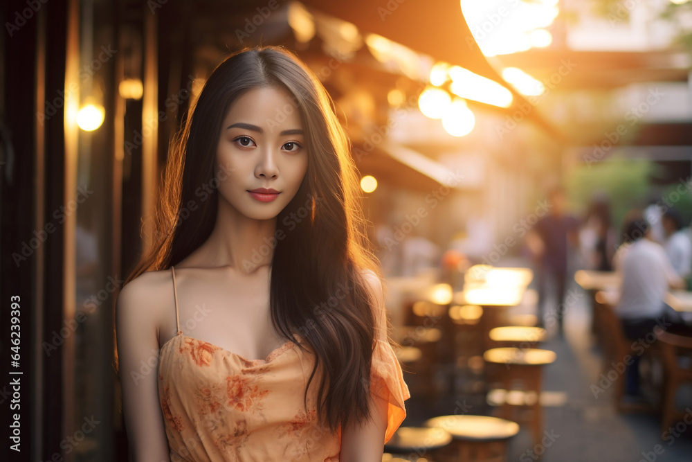 Slim Sexy woman in orange monotone sensual post long red brown with light Bokeh rim light background, Happy woman on the sunset. Generative AI.