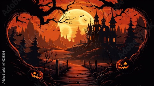 halloween pumpkins in moonlight forest. full moon halloween night scene © StraSyP