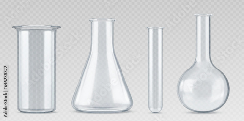 3d chemistry laboratory glass science test flask. Realistic lab beaker equipment. Chemical glassware tube isolated vector set. Empty cylinder measuring container for scientific medical experiment