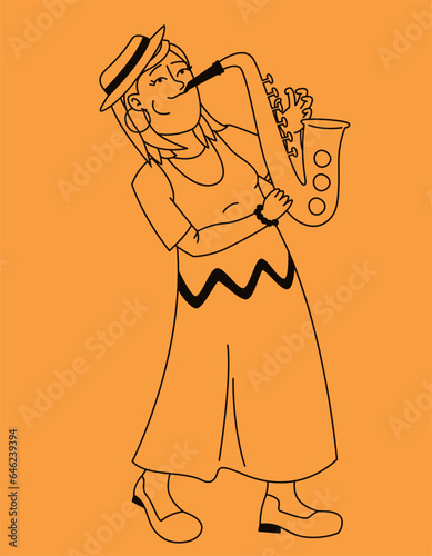 Woman playing saxophone. Female jazz musician in outline style.