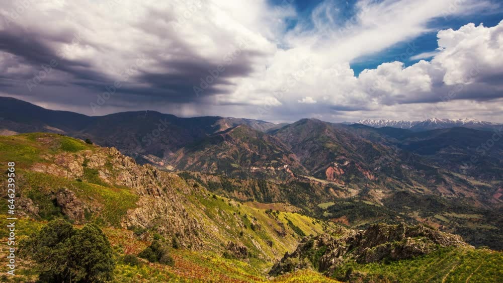 Mountains of Uzbekistan timelapse. Amirsoy. Mountain ranges, swirling clouds, blue midday sky. Cinematic video for background. Ecology of Asia. Strong desire to wander or travel and explore the world.