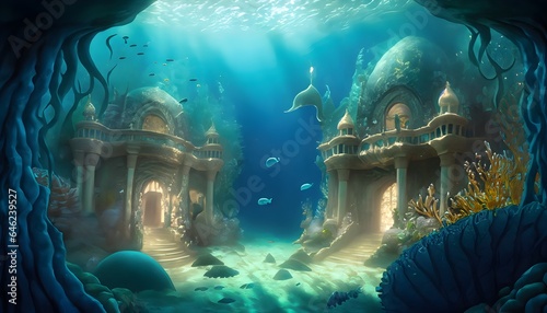 Wallpaper underwater palace inhabited by merfolk and guarded by mystical sea creatures. Generate AI