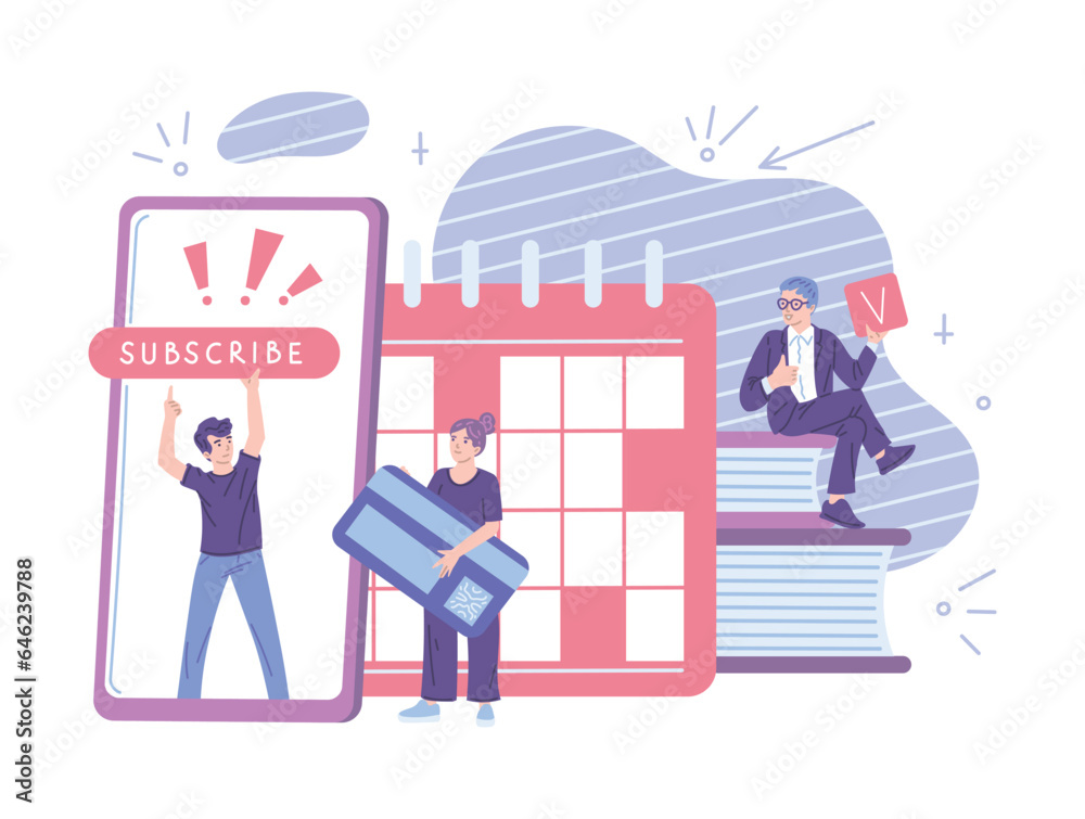 Vector illustrations of woman with bank card and men subscribe plan, huge calendar, smartphone on abstract background with books Vector illustrations of woman with bank card and men subscribe plan, huge calendar, smartphone on abstract background with books