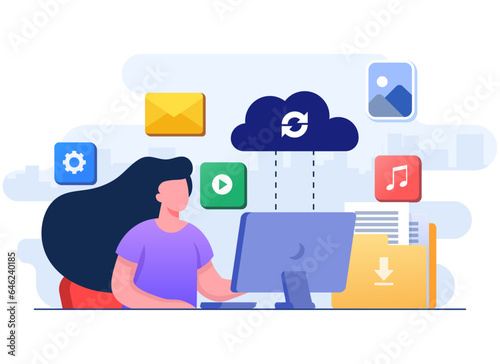 Woman working with cloud computing and database service, Synchronize data, Secure file sharing, Upload and download files in the cloud server, Data backup, Online cloud storage