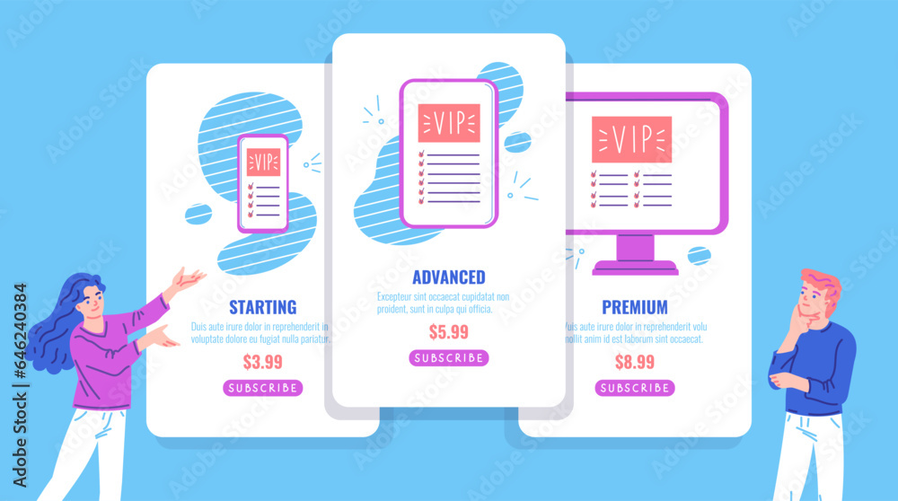 Subscription plans - starting, advanced and premium, flat vector illustration isolated on blue background. Subscription plans - starting, advanced and premium, flat vector illustration isolated on blue background.