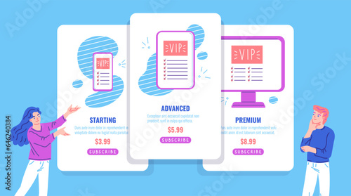Subscription plans - starting, advanced and premium, flat vector illustration isolated on blue background.
