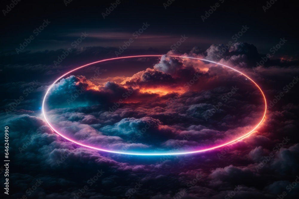 Abstract cloud illuminated with neon light ring on dark night sky. Glowing geometric shape, round frame