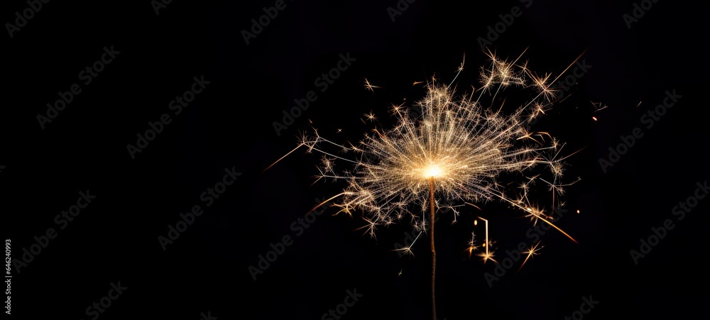 A magic explosion of sparks on a dark background. Sparkler glowing, burning, light. Celebrate a small firework in the night for fairy birthday, New Year and party.