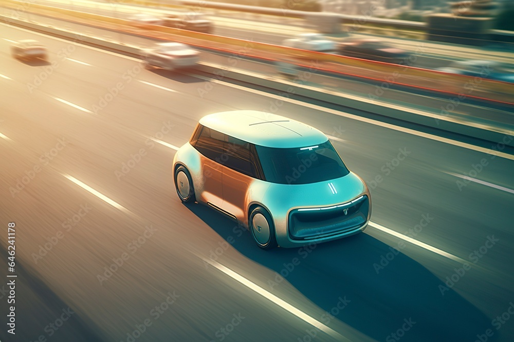 Realistic illustration of a concept car, driving on a highway in the near future.