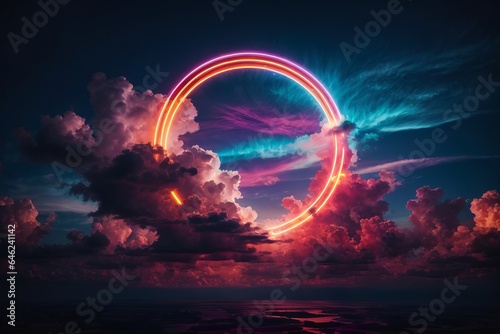 Abstract cloud illuminated with neon light ring on dark night sky. Glowing geometric shape, round frame © Marpa