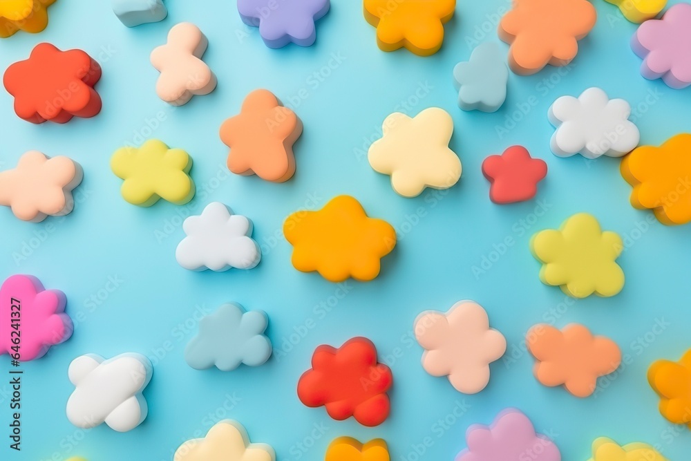 Obraz premium Fun background, cottony, childish colored clouds in a blue sky.