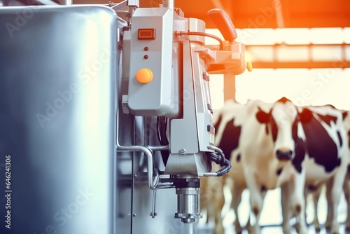 Fotótapéta Industrial machine for milking cow milk, robotic automation.
