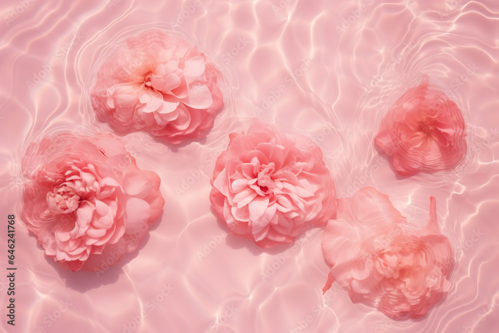 pink peonies in a pink rippled water with sun glares flat lay pink peonies in a pink rippled water with sun glares flat lay