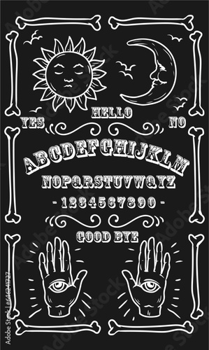 Graphic template inspired by Ouija Board. Black and white symbols of moon ,sun, texts and alphabet. Gothic typography. Ghosts and demons calling game.