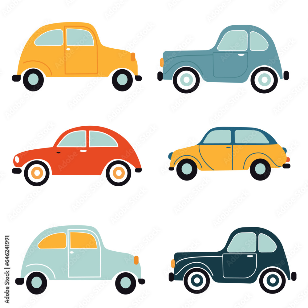 Set of flat vector children's illustrations. Cute cars on white background. Vector illustration