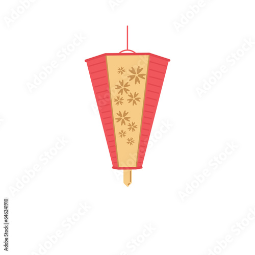 Vector illustration of Japanese or Chinese paper lantern with floral design hexagonal shape tapering towards the bottom in red yellow colors, isolated on white background