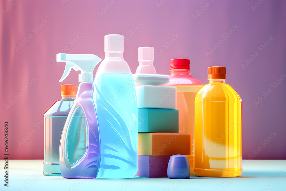 close-up of home cleaning products, house cleaning , minimal scene, 3d render, generate AI close-up of home cleaning products, house cleaning , minimal scene, 3d render, generate AI