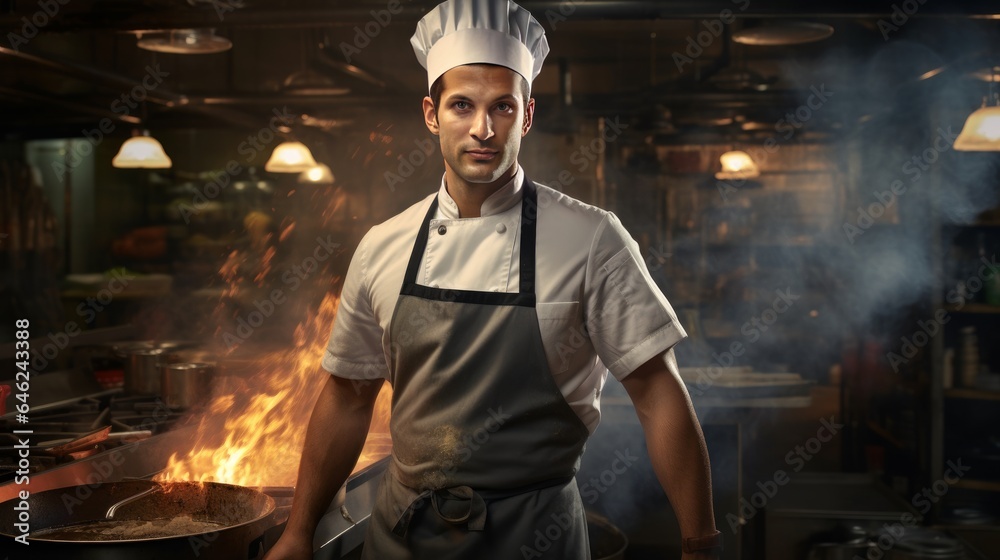 photo of a man in a chef's uniform, head to waist, cooking in a restaurant kitchen