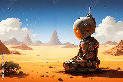 Robot kid sits in lotus position and meditates against desert background, futuristic scientific concept of post-apocalypse life , generate AI