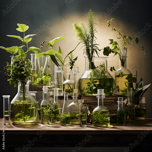  Plants in laboratory glassware, science concepts illustration, generate AI