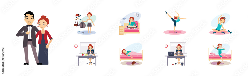 Woman Day Routine and Different Activity Vector Set