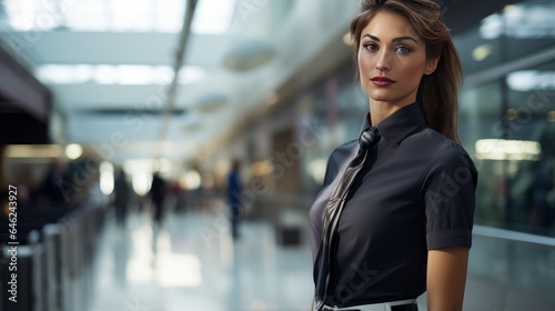 photo of a woman in a flight attendant's uniform, head to waist, in an airport