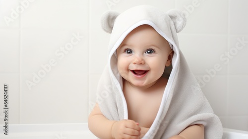  cute smiling baby with a towel on his head