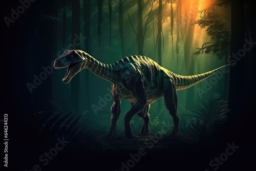 In the jurassic jungle a tyrannosaurus stalks its prey dinosaur period a hunting