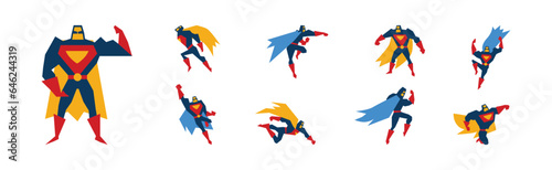 Superhero Muscled Man in Mask and Cape in Different Pose Vector Set