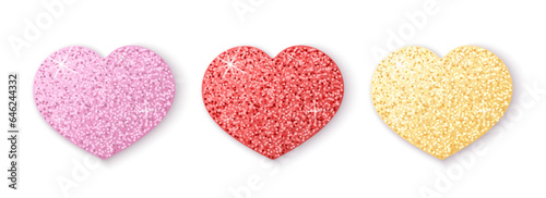 Pink, red and gold paper hearts collection. Vector elements with colorful glittering confetti. Best for web, print and St. Valentine's Day decoration.
