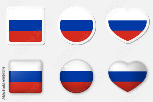Flag of Russia icons collection. Flat stickers and 3d realistic glass vector elements on white background with shadow underneath.
