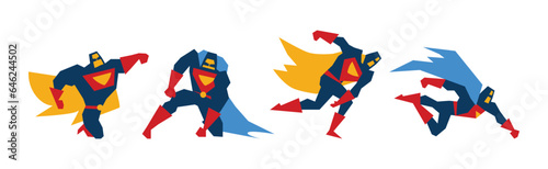 Superhero Muscled Man in Mask and Cape in Different Pose Vector Set