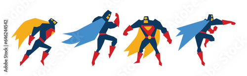 Superhero Muscled Man in Mask and Cape in Different Pose Vector Set