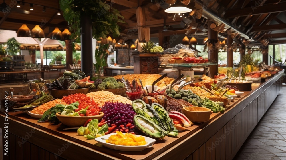 Indoor restaurant buffet showcasing an array of dishes, including meats, vibrant fruits, and a variety of colorful vegetables