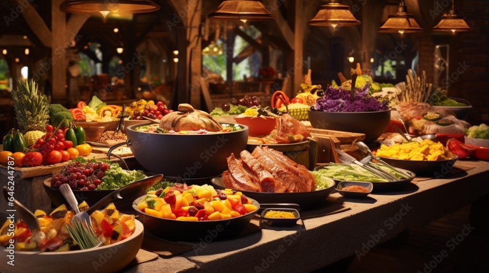 Indoor restaurant buffet showcasing an array of dishes, including meats, vibrant fruits, and a variety of colorful vegetables