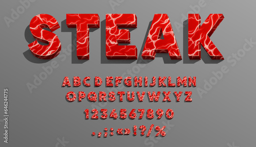 Meat font, butcher type, grill typeface, bbq beef letters alphabet, vector food typography. Beef or pork steak abc font, letters and numbers made of raw meat with white and red marble texture