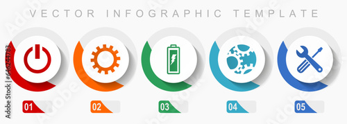 Industry icon set, miscellaneous icons such as power, cogwheel, battery and tools, flat design vector infographic template, web buttons in 5 color options