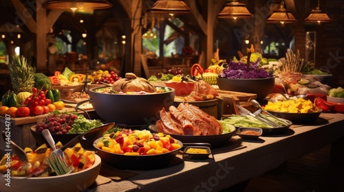 Indoor restaurant buffet showcasing an array of dishes  including meats  vibrant fruits  and a variety of colorful vegetables