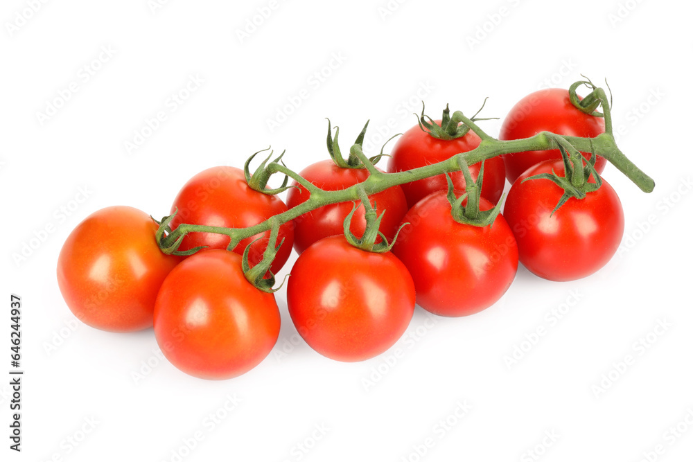 Branch of red ripe cherry tomatoes isolated on white