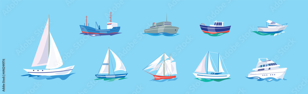 Yacht and Boat Sailing in Blue Sea Water Vector Set