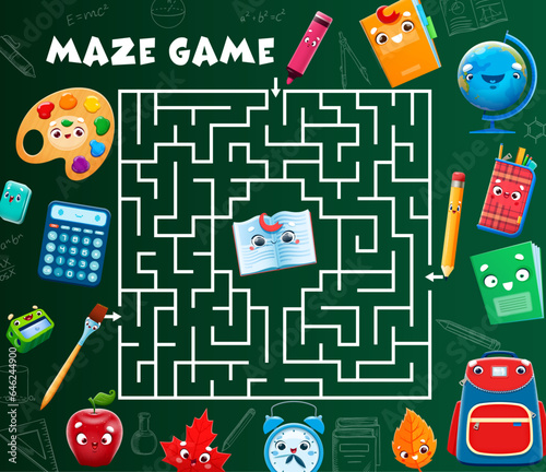 Labyrinth maze game. Help to cartoon school stationery characters find a friend. Kids puzzle vector worksheet of square maze with funny personages of pencil, book, paint and brush, notebook, backpack