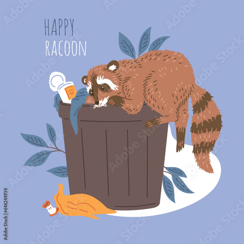 Vector poster with cute cartoon curious racoon climbs in trash can with hundreds of food, banana peel, cores
