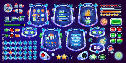Cartoon galaxy space game interface. Game buttons, gui elements, ui game asset of menu vector screens. Spaceship status bars, panels and buttons with planets, coins, stars, UFO and alien characters