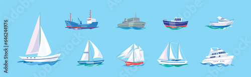 Yacht and Boat Sailing in Blue Sea Water Vector Set