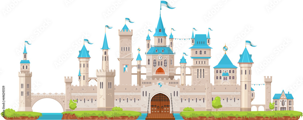 Medieval fortress castle wall and palace, gate, tower and turret, bridge and fort. Medieval king castle. Fairytale royal fortress or ancient kingdom palace gate with drawbridge, flags on blue towers