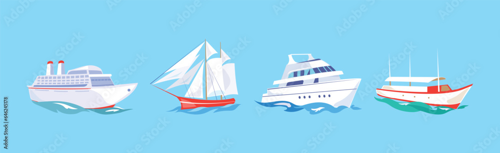 Yacht and Boat Sailing in Blue Sea Water Vector Set Yacht and Boat Sailing in Blue Sea Water Vector Set