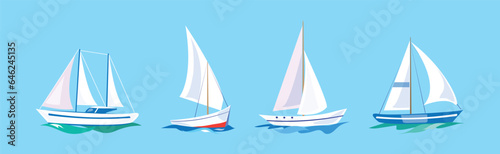 Yacht and Boat Sailing in Blue Sea Water Vector Set