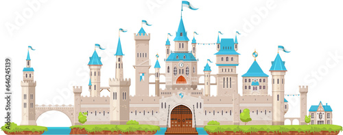 Medieval fortress castle wall and palace, gate, tower and turret, bridge and fort. Medieval king castle. Fairytale royal fortress or ancient kingdom palace gate with drawbridge, flags on blue towers